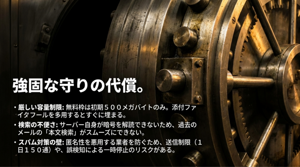 容量制限、本文検索の不便さ、スパム対策による誤検知リスクなど、Proton Mailの強固な守りに伴う代償をまとめたスライド