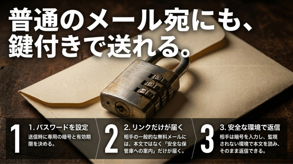 パスワード設定、リンク送信、安全な環境での閲覧と返信という3ステップで、Gmailなど外部メール宛にも暗号化メールを送れることを説明したスライド