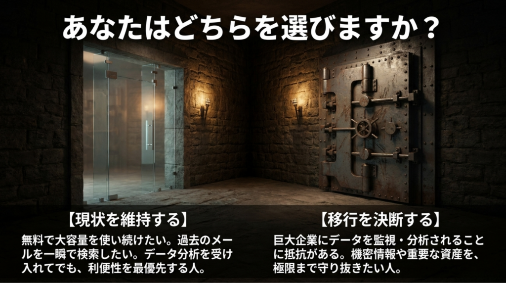 無料大容量や検索性を重視する人は現状維持、データ監視への抵抗や機密情報保護を重視する人はProton Mailへの移行が向くことを示したスライド