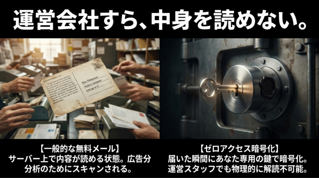 一般的な無料メールはサーバー上で内容を読める一方、Proton Mailはゼロアクセス暗号化により運営会社でも中身を読めないことを比較したスライド