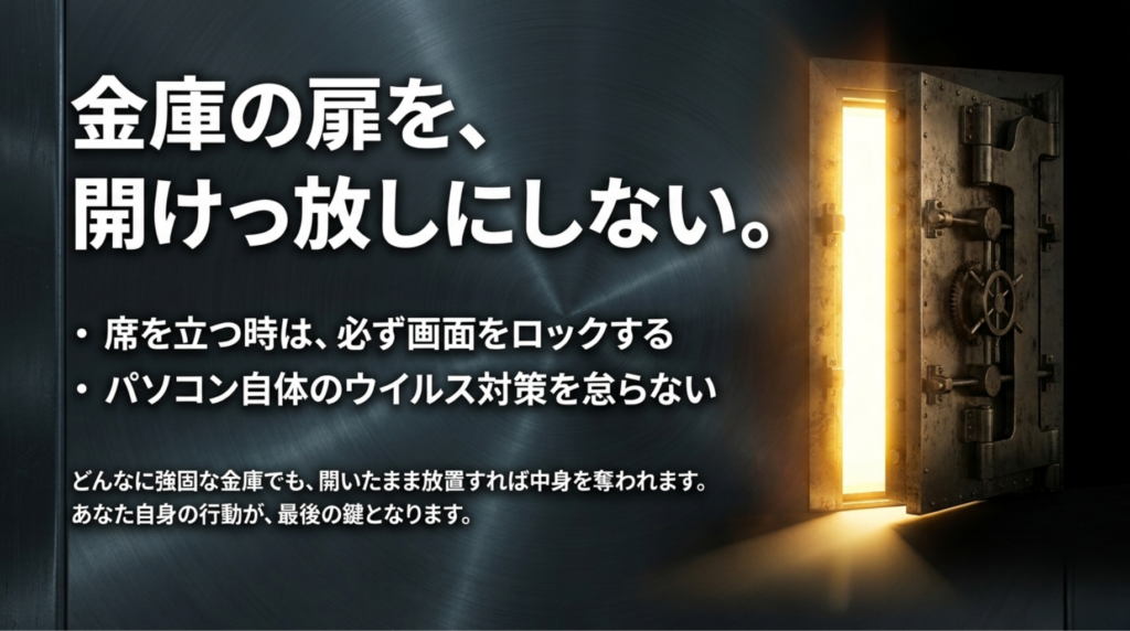 開いた金庫扉を背景に、席を立つ時の画面ロックとパソコンのウイルス対策が必要であることを示すスライド