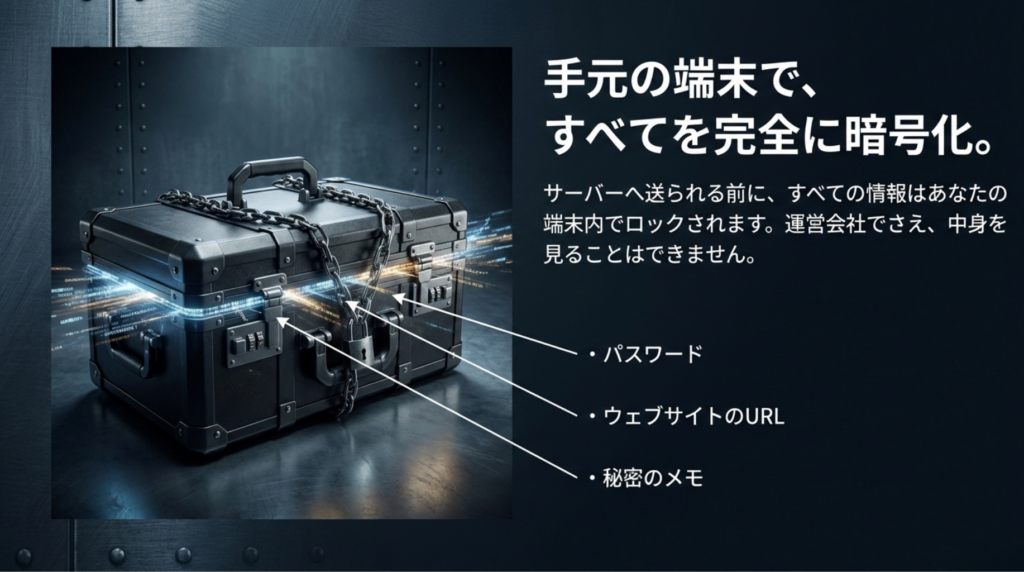 端末内でパスワード、URL、秘密のメモが暗号化されてからサーバーに送られる仕組みを示すスライド