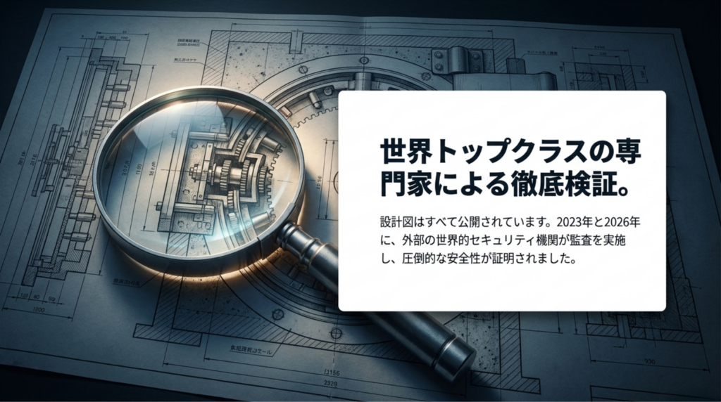 設計図と虫眼鏡を背景に、Proton Passがオープンソースで外部専門機関の監査を受けていることを示すスライド