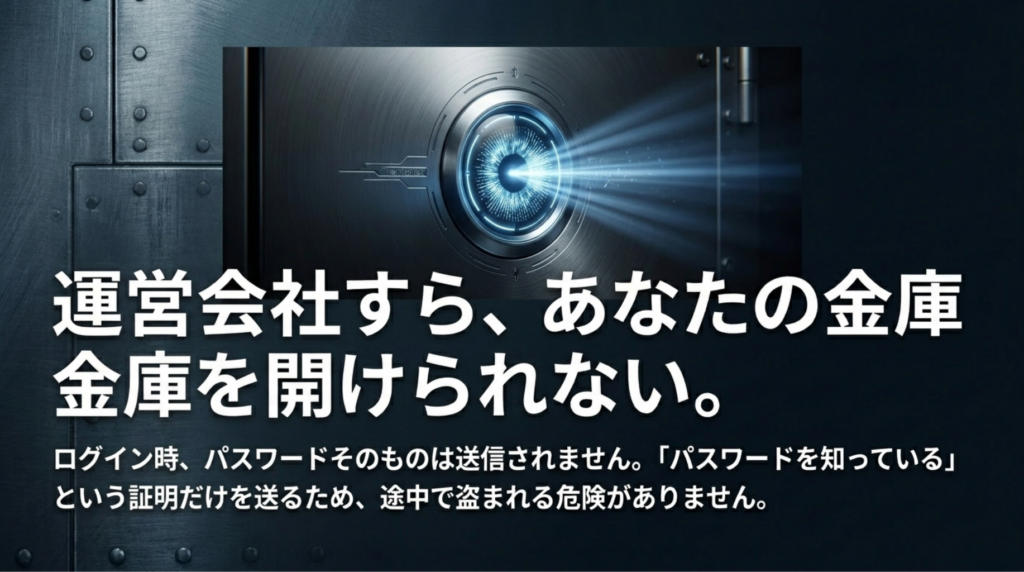 光が差す金庫扉を背景に、Proton Passがパスワードそのものを送信せず認証する仕組みを説明するスライド