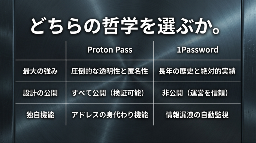 Proton Passは透明性と匿名性、1Passwordは長年の実績や情報漏洩監視が強みであることを比較したスライド