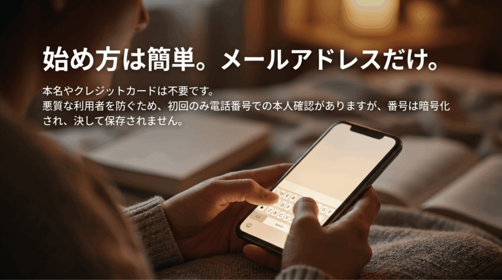 スマホを操作する人物を背景に、Proton VPN無料版は本名やクレジットカード不要で始められることを説明したスライド