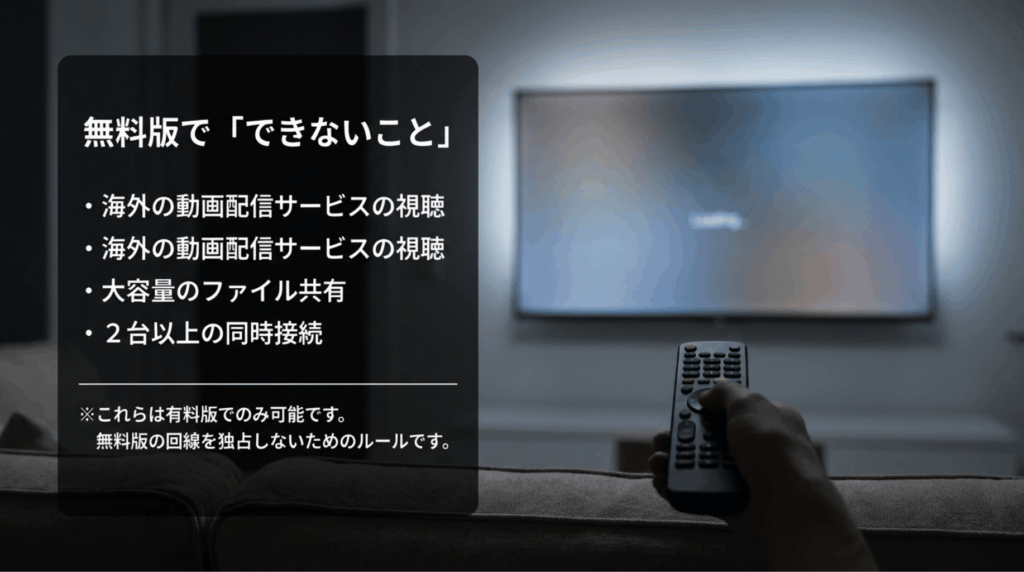 テレビ画面を背景に、Proton VPN無料版では動画配信サービスの視聴、大容量ファイル共有、2台以上の同時接続に制限があることを示したスライド