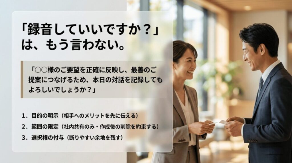 商談相手に録音許可を得る際の自然な言い回しと、目的・範囲・選択権を伝える3ステップを示したスライド