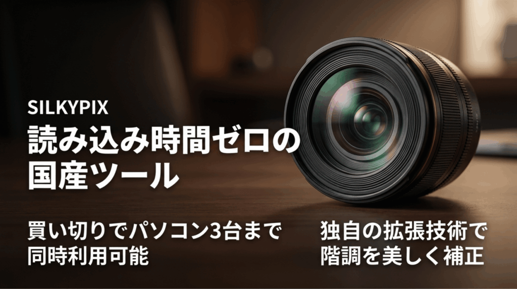 SILKYPIXは読み込み時間ゼロで使える国産ツールで、買い切りライセンスにより個人所有のパソコン最大3台まで利用できることを示したスライド