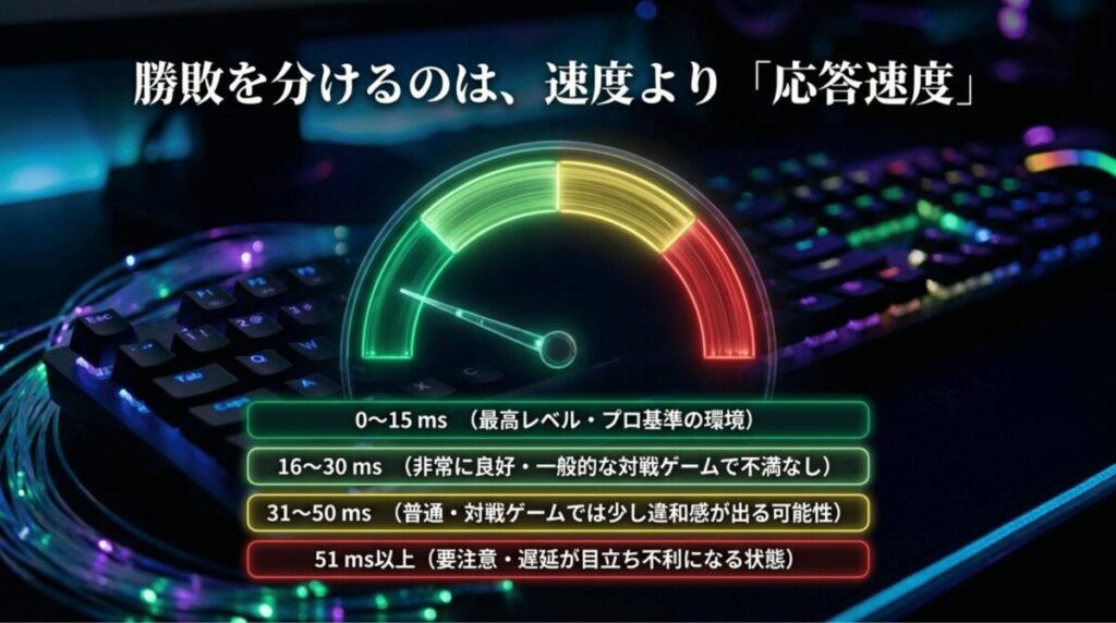 オンラインゲームの快適度を0〜15ms、16〜30ms、31〜50ms、51ms以上のping値別に示した図