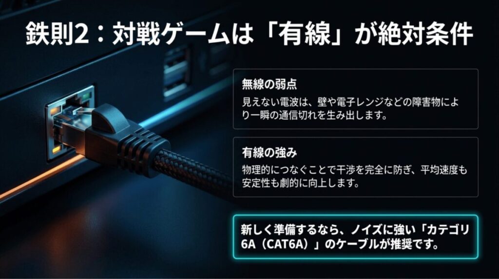 Wi-Fiの弱点と有線LANの強みを比較し、CAT6Aケーブルの利用を推奨するゲーミング回線の説明画像