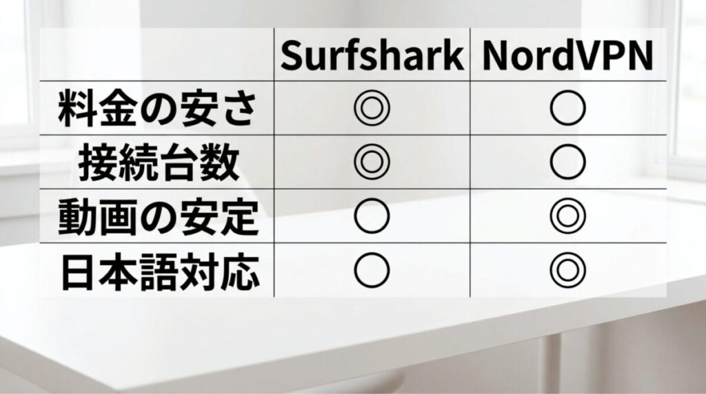 SurfsharkとNordVPNを料金の安さ、接続台数、動画の安定性、日本語対応で比較した表