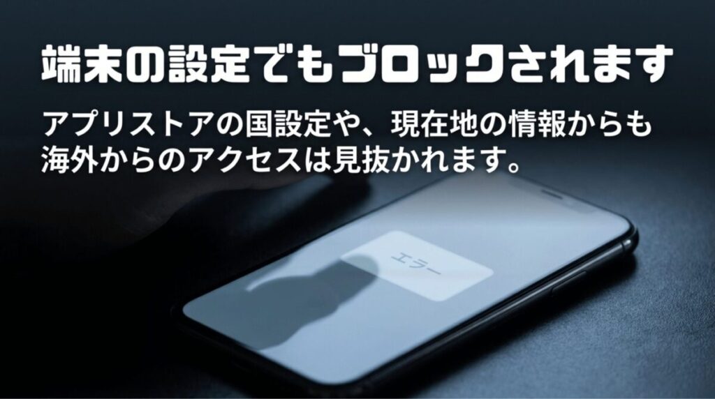 アプリストアの国設定や現在地情報から海外アクセスが見抜かれ、TVerがブロックされる可能性を示すスライド