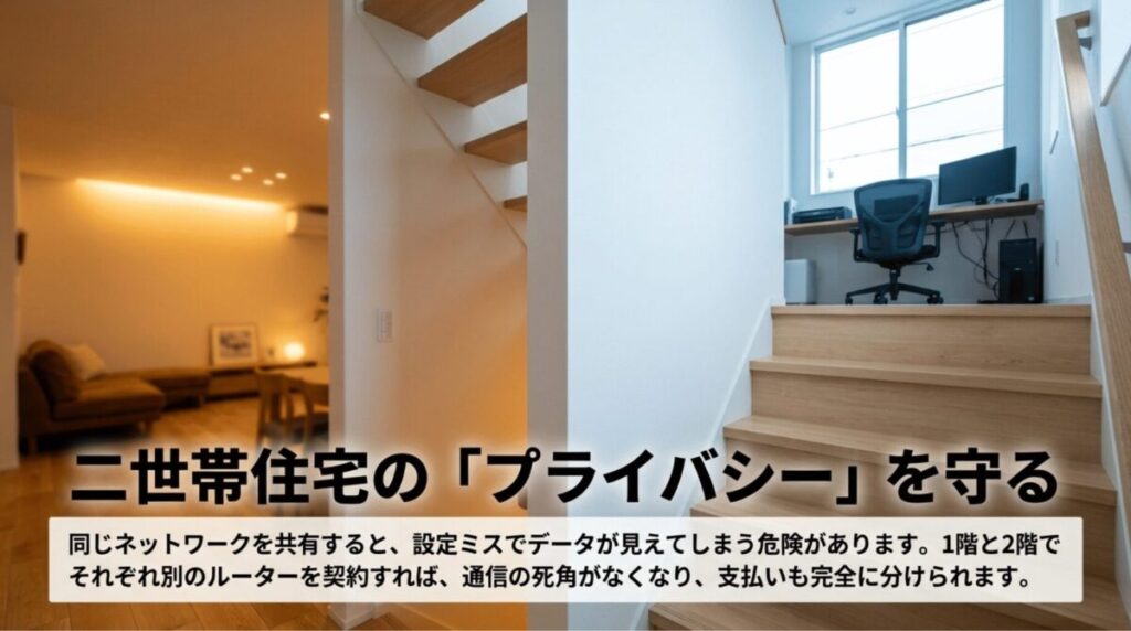 1階と2階でネットワークを分け、二世帯住宅のプライバシーを守る考え方を示したスライド