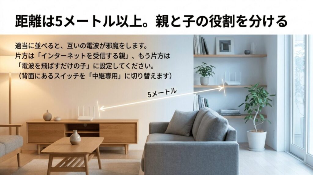 2台のルーターを5メートル以上離し、親機と子機の役割を分ける設定イメージ