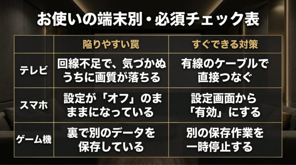 テレビ、スマホ、ゲーム機ごとの4K視聴で陥りやすい罠と対策をまとめた表