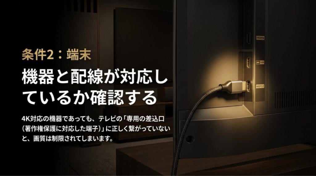 テレビ背面のHDMI端子にケーブルを接続し、4KやHDR対応ポートを確認する様子