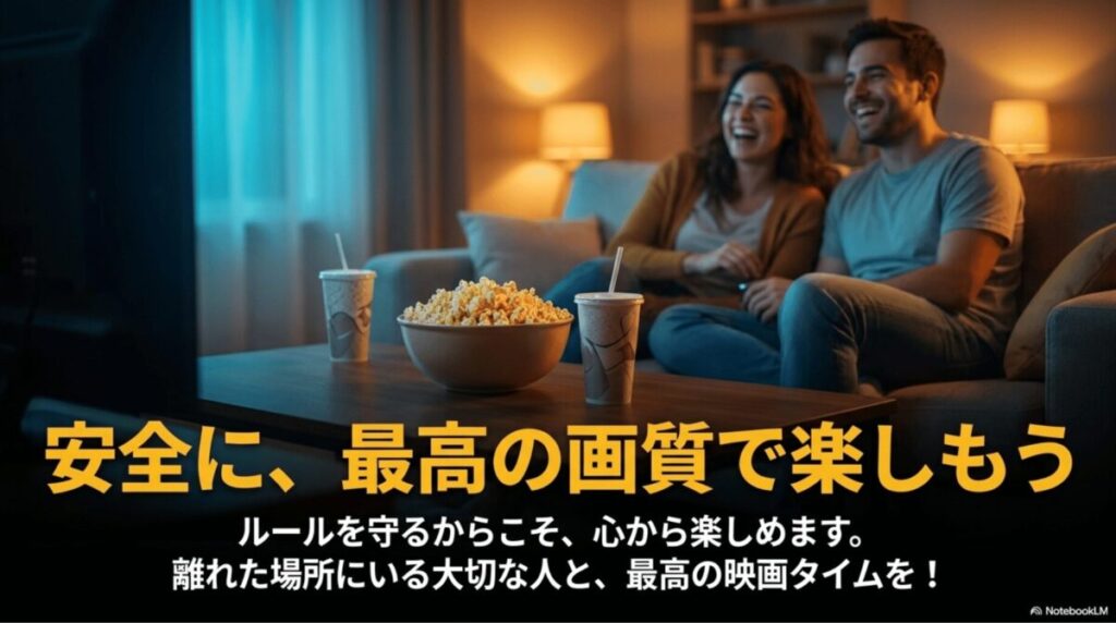 ルールを守りながら、離れた場所にいる相手とU-NEXTを安全に高画質で楽しむ方法を伝える締めの画像