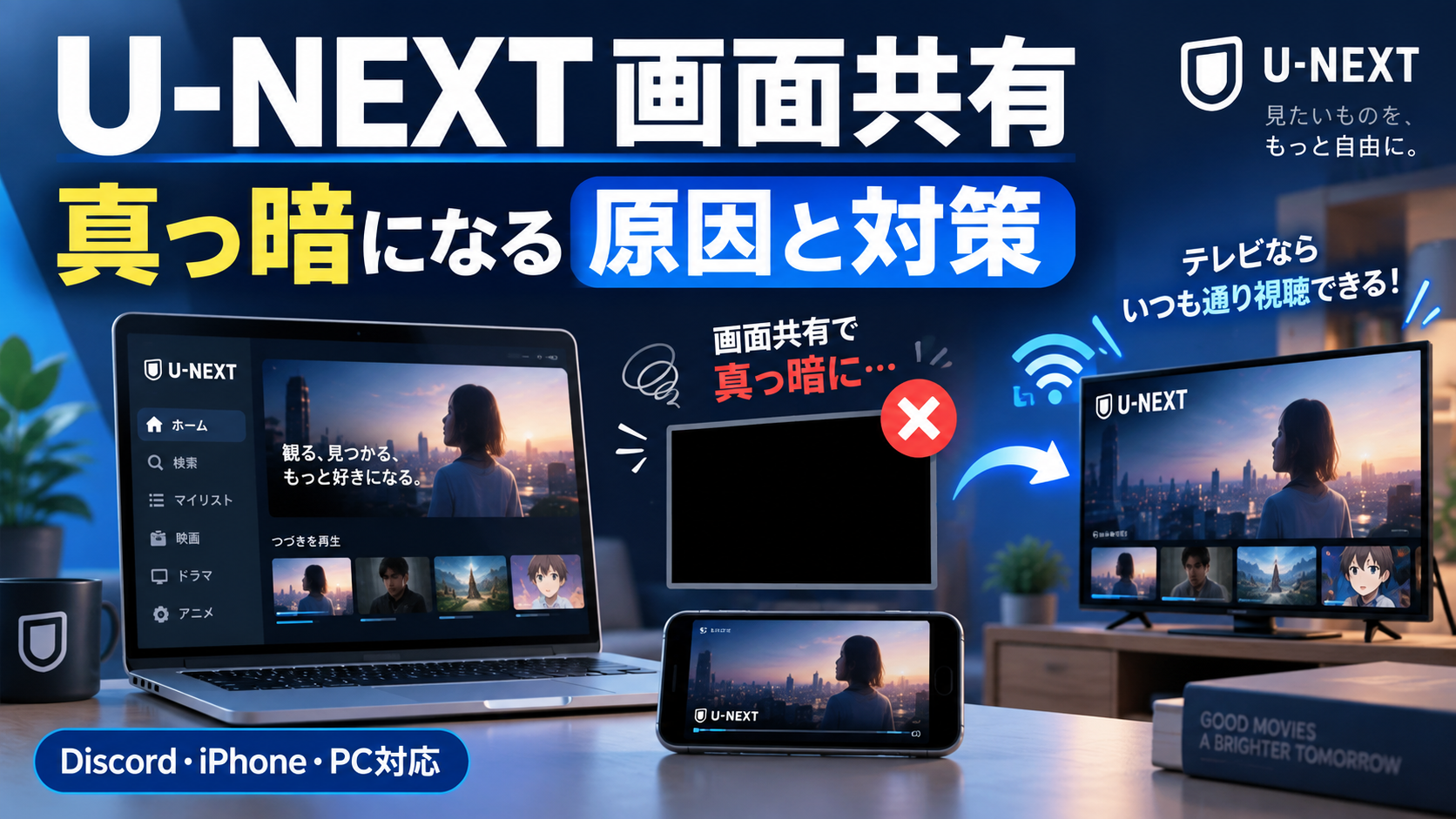 U-NEXTをDiscordやiPhone、PCで画面共有した際に真っ暗になる原因と、テレビ出力などの対策を示したアイキャッチ画像
