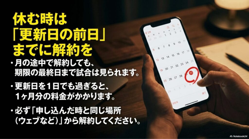 U-NEXTサッカーパックは更新日の前日までに解約すれば期限最終日まで視聴できることを説明する画像
