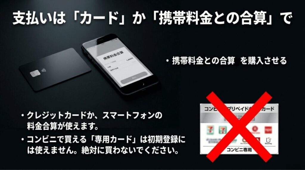 U-NEXTサッカーパックはクレジットカードや携帯料金との合算で支払えるがコンビニ専用カードは初期登録に使えないことを示す画像