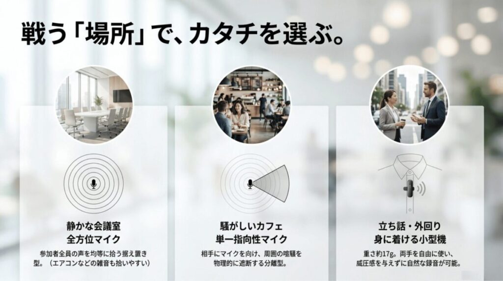 静かな会議室、騒がしいカフェ、外回りの立ち話など、商談場所に応じたマイク形状を比較したスライド