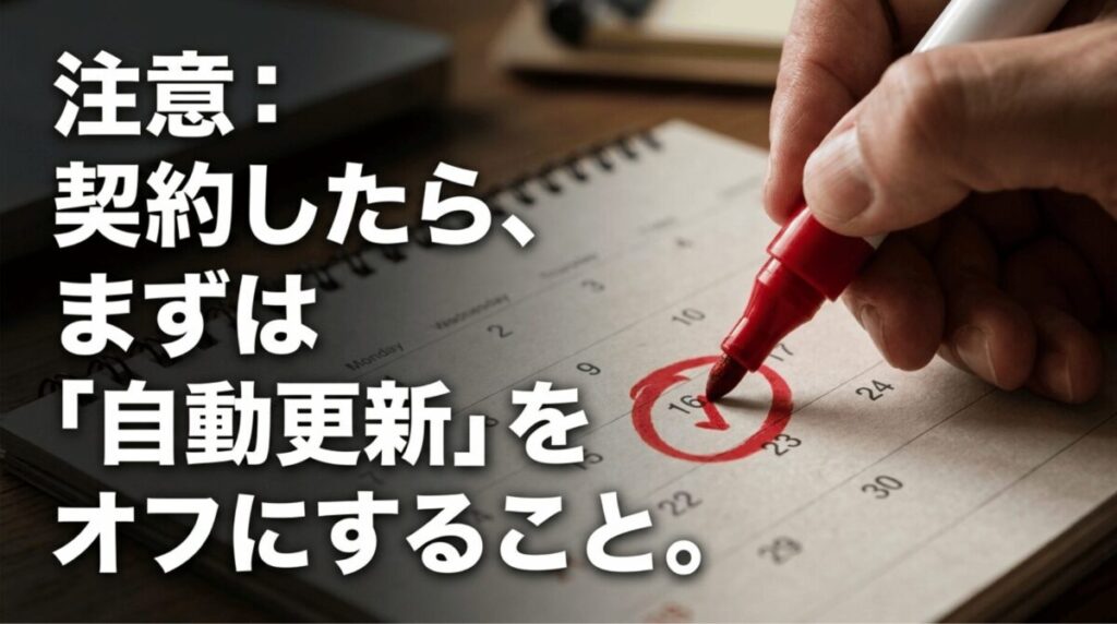 VPNの高い更新料を避けるために契約後すぐ自動更新を確認するイメージ