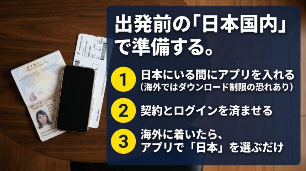 出発前に日本国内でVPNアプリを入れ、契約とログインを済ませ、海外到着後に日本を選ぶ流れを説明するスライ