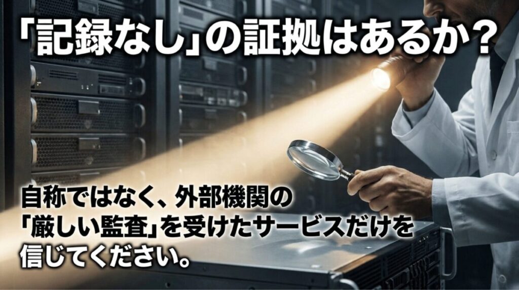 VPNのノーログポリシーが本物かどうかを外部機関の監査で確認する重要性を示したスライド