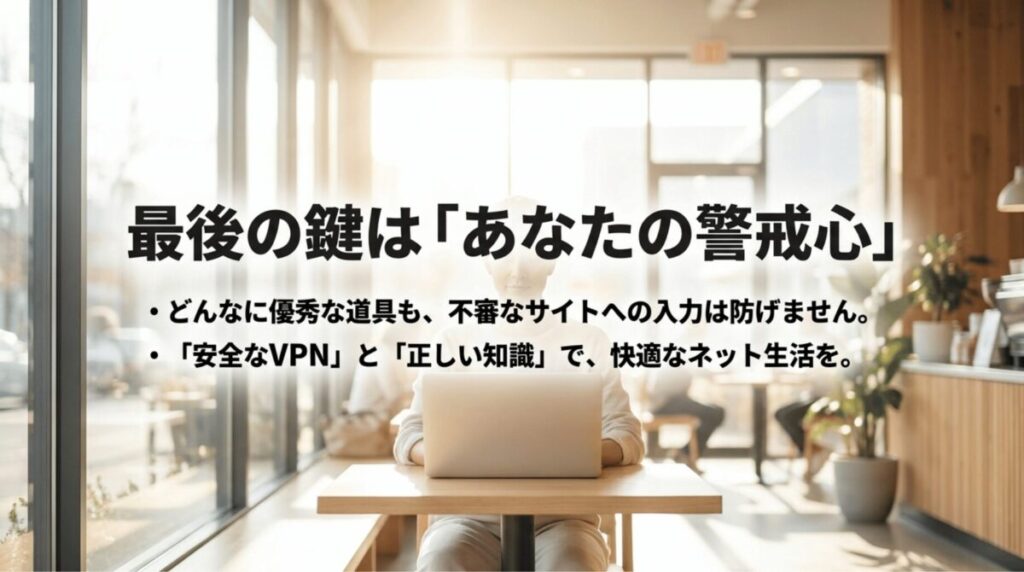 安全なVPNと正しい知識、利用者自身の警戒心がオンラインセキュリティに重要であることを示したスライド