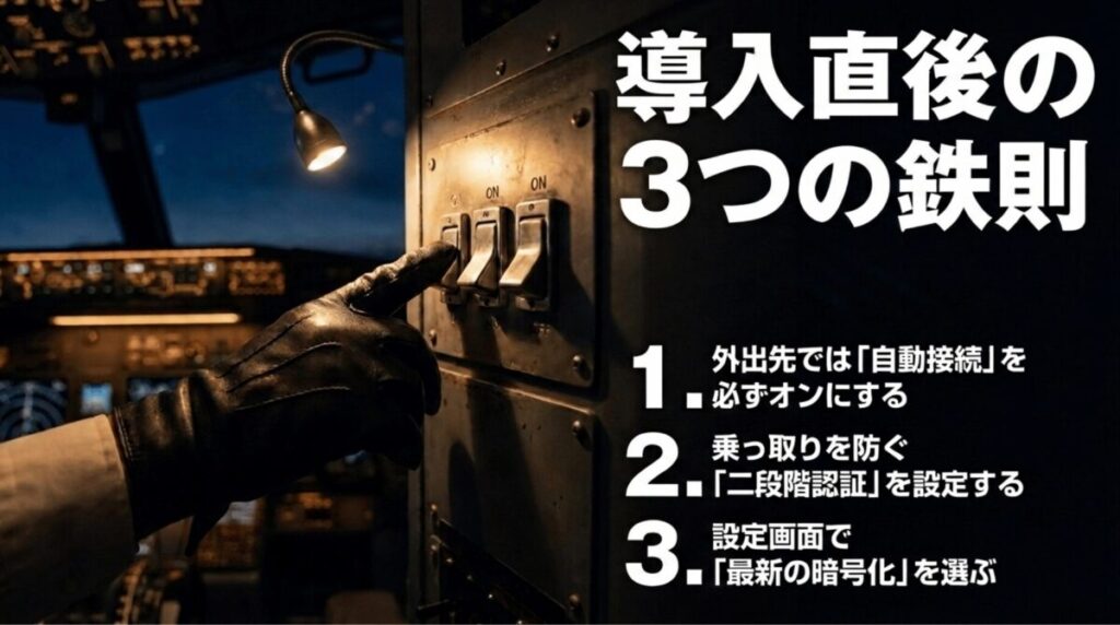 VPN導入後に自動接続、二段階認証、最新の暗号化設定を確認する重要性を示したスライド