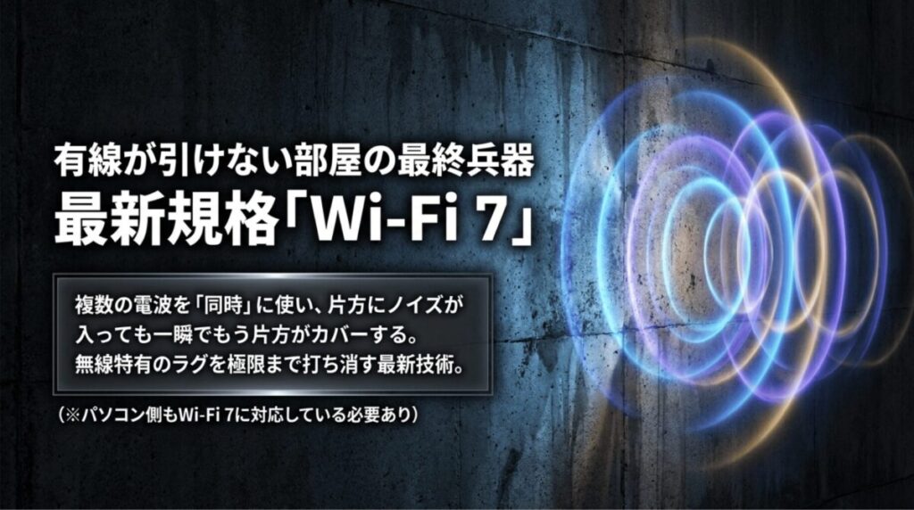 有線LANを引けない環境で、Wi-Fi 7が複数の電波を同時利用して無線通信のラグを抑えることを示したスライド
