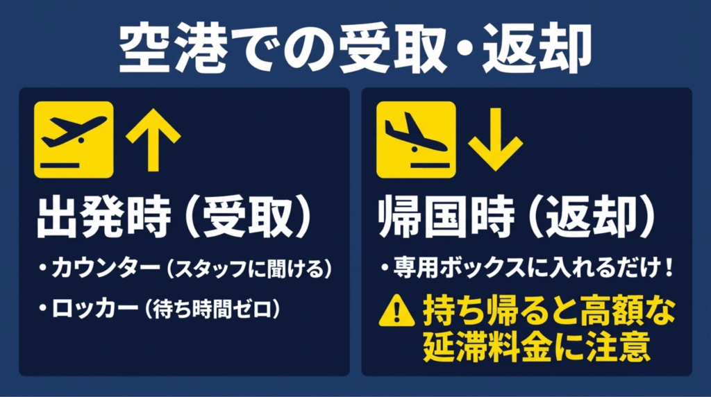 出発時のモバイルWi-Fi受取方法と、帰国時の返却方法、返却忘れによる延滞料金への注意を説明するスライド