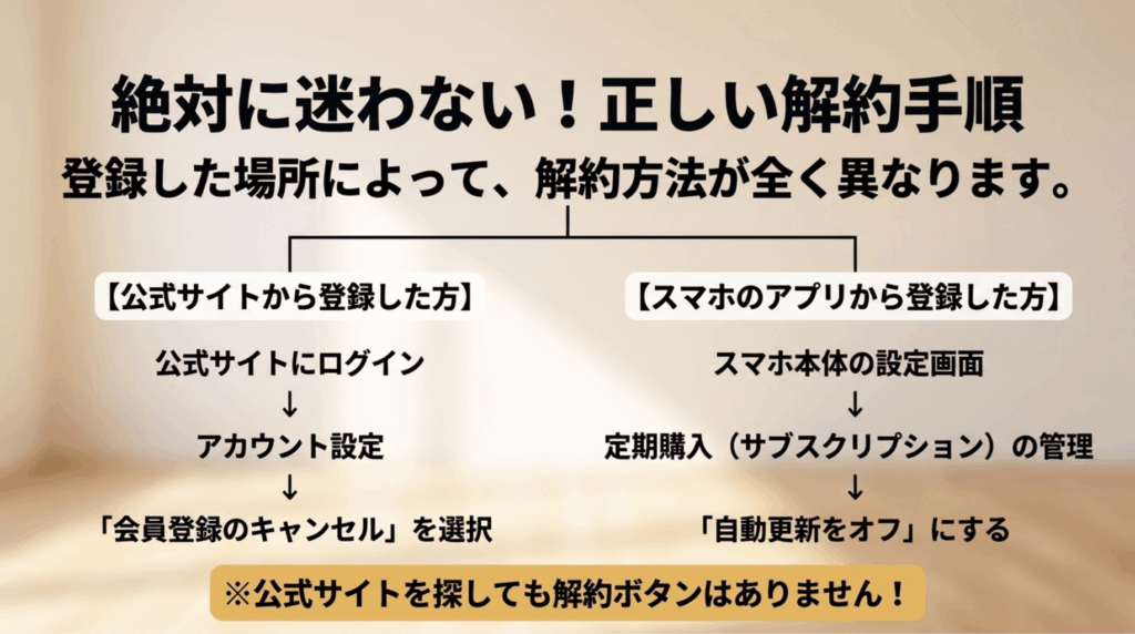 Amazon Musicは公式サイト登録とスマホアプリ登録で解約方法が異なり、登録した場所に応じて手続きする必要があることを説明したスライド
