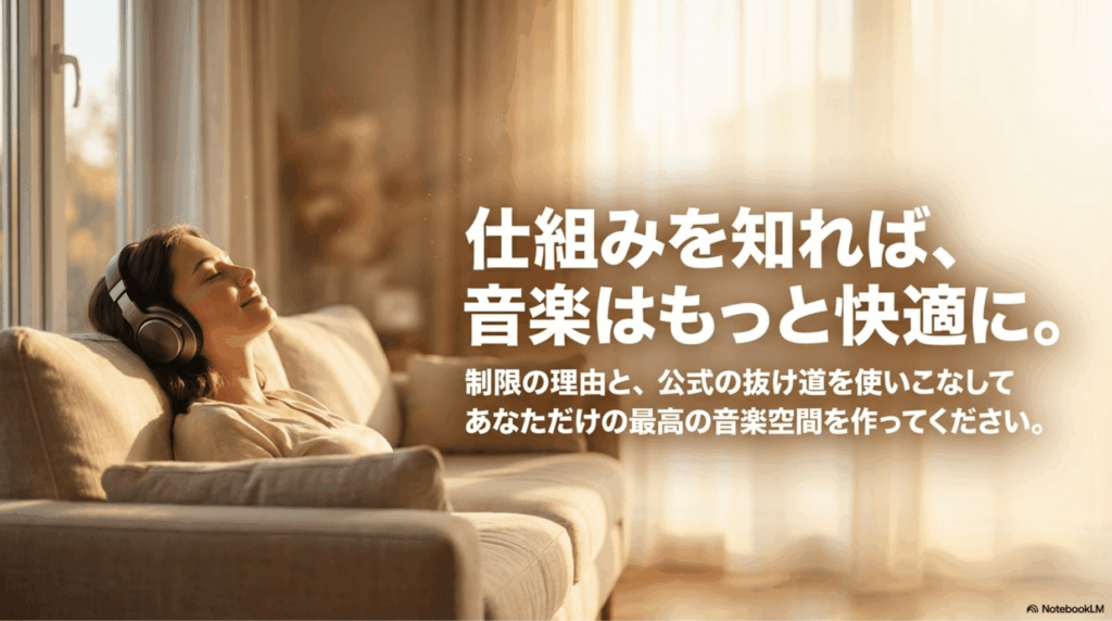 Amazon Musicの仕組みや制限を理解し、公式の抜け道を活用して快適に音楽を楽しむためのまとめスライド