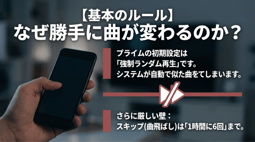 Amazon Music Primeでは強制シャッフル再生により似た曲が自動再生され、スキップも1時間6回までに制限されることを説明したスライド