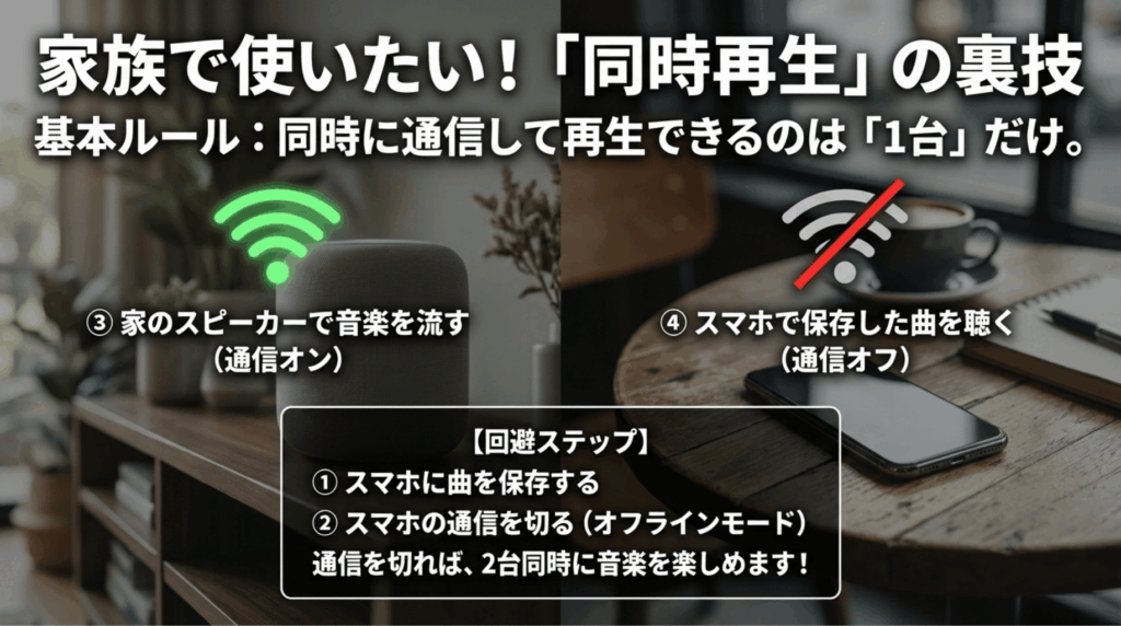 Amazon Musicの同時再生制限を避けるため、片方の端末をオフライン再生にして使う方法を説明したスライド
