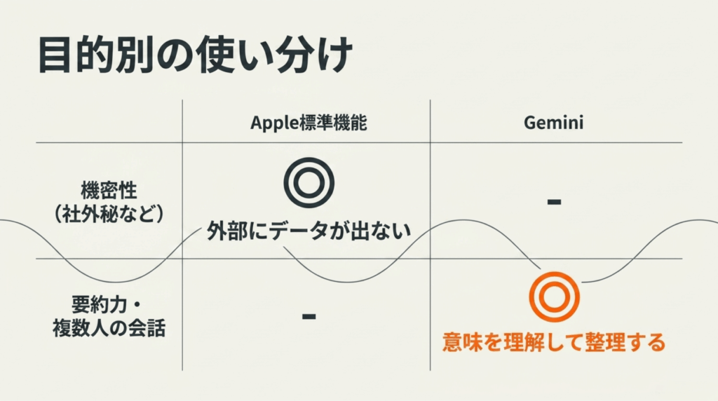 機密性を重視する場合はApple標準機能、要約や複数人の会話整理にはGeminiが向いていることを示した比較表