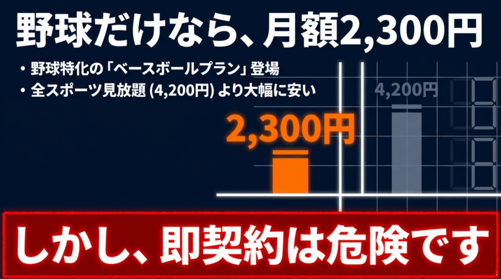 DAZN BASEBALLは月額2,300円でStandardより安いが契約前の注意が必要であることを示すスライド