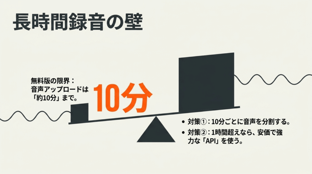 Gemini無料版では音声アップロードが約10分までで、長時間録音は分割またはAPI活用が必要であることを示した図