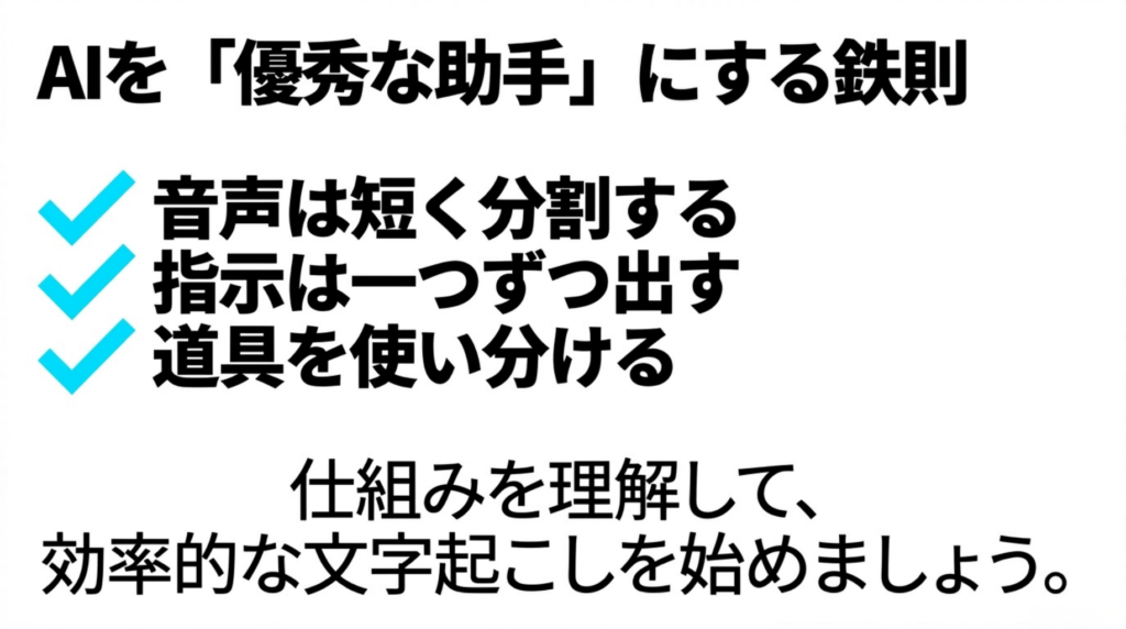 音声は短く分割する、指示は一つずつ出す、道具を使い分けるというGemini文字起こし効率化の鉄則を示したまとめスライド