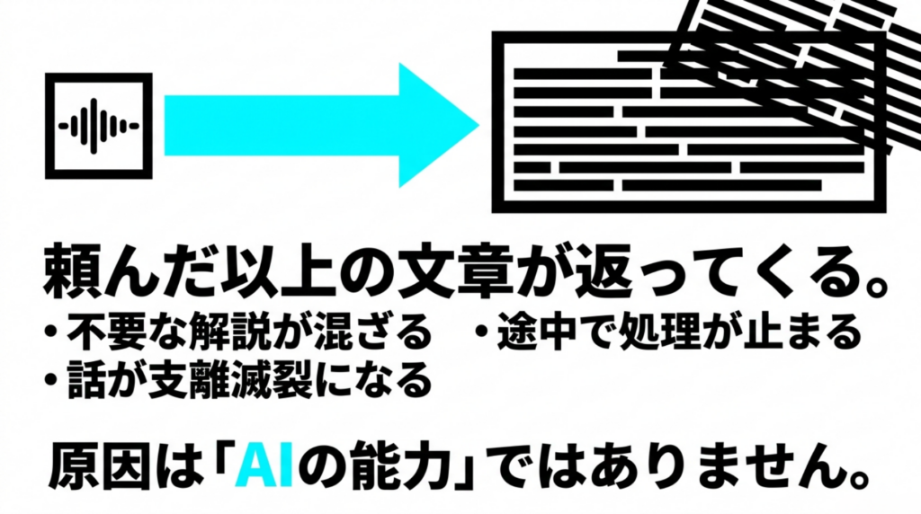 音声から頼んだ以上の文章が返ってくる、不要な解説が混ざる、途中で処理が止まるなどの症状を示した図
