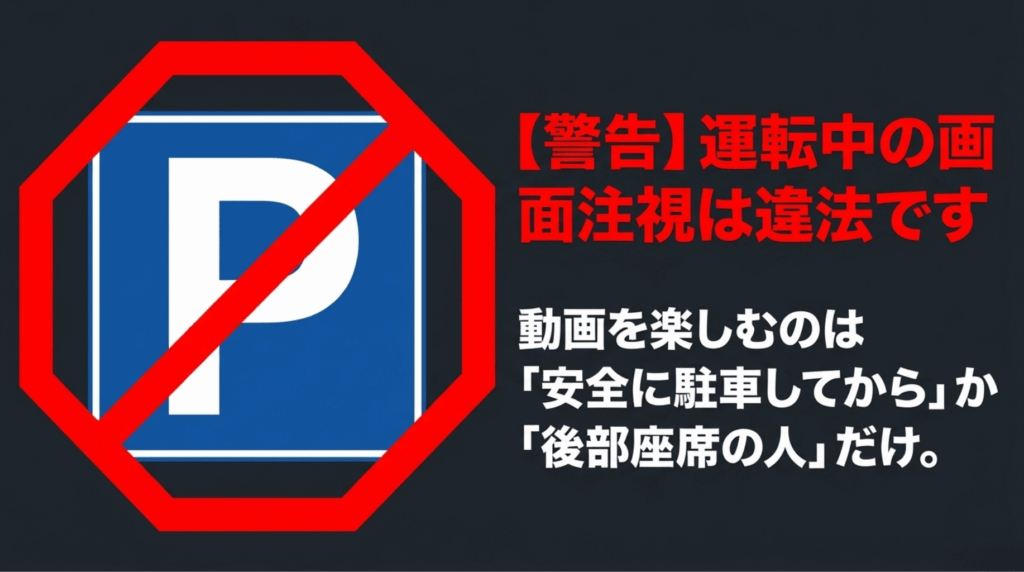 運転中にNetflixなどの動画画面を注視することは違法であり、安全に駐車してから視聴する必要があることを示したスライド