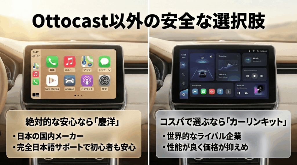 Ottocast以外の選択肢として、国内メーカーのKEIYOとコスパ重視のCarlinKitを比較したスライド