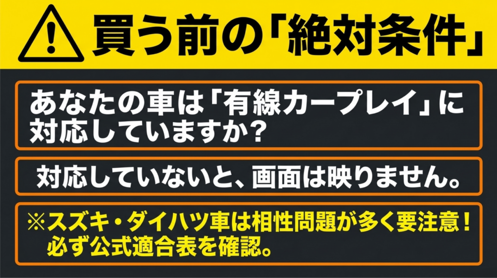 オットキャスト購入前に有線CarPlay対応や車種相性を確認する重要性を示した注意喚起