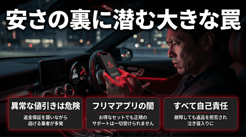 安いOttocast購入の裏にある返金トラブル、フリマアプリのリスク、自己責任の危険性を警告するスライド