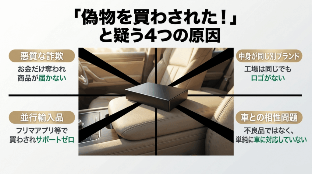 Ottocastを偽物と疑う原因として、悪質な詐欺、並行輸入品、別ブランドOEM、車との相性問題を整理したスライド