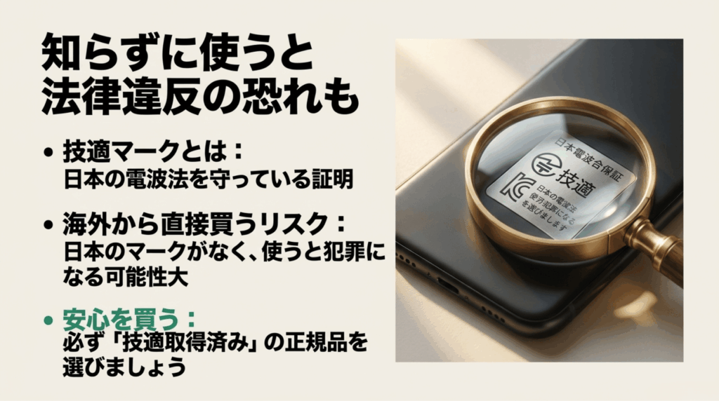技適マークは日本の電波法を守っている証明であり、海外購入品には法律違反の恐れがあることを説明したスライド