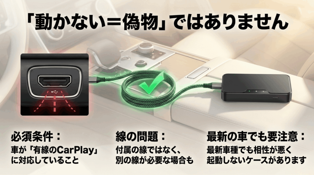 Ottocastが動かない原因として、有線CarPlay非対応、USBケーブル、最新車種との相性問題を示したスライド