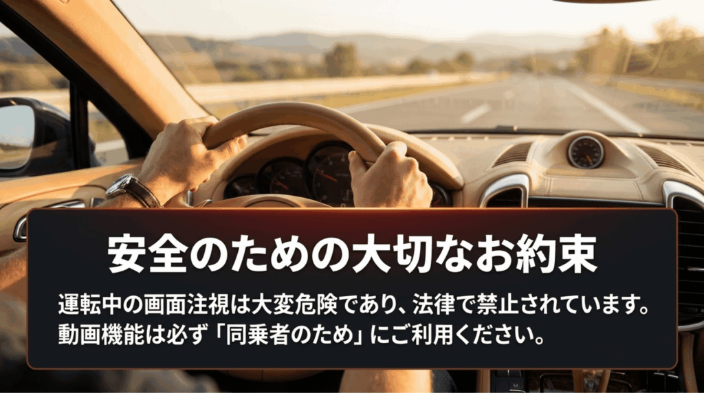 運転中の画面注視は危険で法律違反になるため動画機能は同乗者向けに使う注意喚起スライド